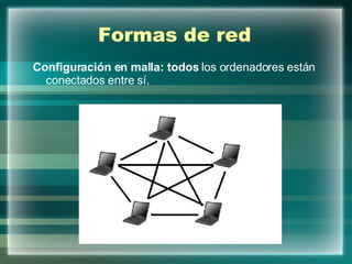 Formas de red Configuración en malla: todos  los ordenadores están conectados entre sí. 