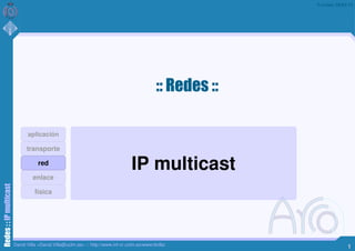 Versión 28/02/11




                                                                                              :: Redes ::

                               aplicación

                               transporte

                                    red
                                                                                  IP multicast
                                  enlace
Redes : : IP multicast




                                   física




                         David Villa <David.Villa@uclm.es> :: http://www.inf-cr.uclm.es/www/dvilla/
                                                                                                                         1
 