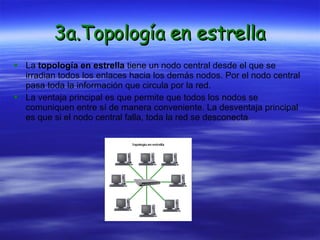3a.Topología en estrella La  topología en estrella  tiene un nodo central desde el que se irradian todos los enlaces hacia los demás nodos. Por el nodo central  pasa toda la información que circula por la red.  La ventaja principal es que permite que todos los nodos se comuniquen entre sí de manera conveniente. La desventaja principal es que si el nodo central falla, toda la red se desconecta . 