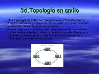 3d.Topología en anillo Una  topología de anillo  se compone de un solo anillo cerrado formado por nodos y enlaces, en el que cada nodo está conectado solamente con los dos nodos adyacentes.  Los dispositivos se conectan directamente entre sí por medio de cables en lo que se denomina una cadena margarita. Para que la información pueda circular, cada estación debe transferir la información a la estación adyacente. 