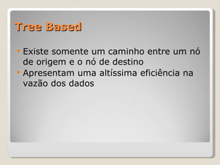 Tree Based Existe somente um caminho entre um nó de origem e o nó de destino Apresentam uma altíssima eficiência na vazão dos dados 