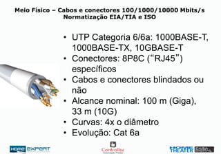Meio Físico – Cabos e conectores 100/1000/10000 Mbits/s
Normatização EIA/TIA e ISO
• UTP Categoria 6/6a: 1000BASE-T,
1000BASE-TX, 10GBASE-T
• Conectores: 8P8C (“RJ45”)
específicos
• Cabos e conectores blindados ou
não
• Alcance nominal: 100 m (Giga),
33 m (10G)
• Curvas: 4x o diâmetro
• Evolução: Cat 6a
 