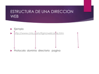 ESTRUCTURA DE UNA DIRECCION
WEB
 Ejemplo
 http://www.cms.com/figm/welcome.htm
 Protocolo dominio directorio pagina
 