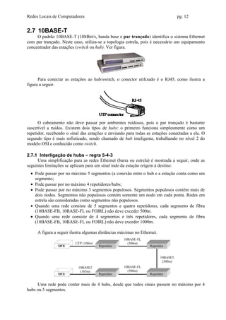 Redes Locais de Computadores                                                       pg. 12


2.7 10BASE-T
     O padrão 10BASE-T (10Mbit/s, banda base e par trançado) identifica o sistema Ethernet
com par trançado. Neste caso, utiliza-se a topologia estrela, pois é necessário um equipamento
concentrador das estações (switch ou hub). Ver figura.




      Para conectar as estações ao hub/switch, o conector utilizado é o RJ45, como ilustra a
figura a seguir.




      O cabeamento não deve passar por ambientes ruidosos, pois o par trançado é bastante
suscetível a ruídos. Existem dois tipos de hubs: o primeiro funciona simplesmente como um
repetidor, recebendo o sinal das estações e enviando para todas as estações conectadas a ele. O
segundo tipo é mais sofisticado, sendo chamado de hub inteligente, trabalhando no nível 2 do
modelo OSI e conhecido como switch.

2.7.1 Interligação de hubs – regra 5-4-3
     Uma simplificação para as redes Ethernet (barra ou estrela) é mostrada a seguir, onde as
seguintes limitações se aplicam para um sinal indo da estação origem à destino:
 • Pode passar por no máximo 5 segmentos (a conexão entre o hub e a estação conta como um
   segmento;
 • Pode passar por no máximo 4 repetidores/hubs;
 • Pode passar por no máximo 3 segmentos populosos. Segmentos populosos contém mais de
   dois nodos. Segmentos não populosos contém somente um nodo em cada ponta. Redes em
   estrela são consideradas como segmentos não populosos.
 • Quando uma rede consiste de 5 segmentos e quatro repetidores, cada segmento de fibra
   (10BASE-FB, 10BASE-FL ou FOIRL) não deve exceder 500m.
 • Quando uma rede consiste de 4 segmentos e três repetidores, cada segmento de fibra
   (10BASE-FB, 10BASE-FL ou FOIRL) não deve exceder 1000m.

     A figura a seguir ilustra algumas distâncias máximas no Ethernet.
                                                   10BASE-FL
                         UTP (100m)                  (500m)
                DTE                   Repetidor                   Repetidor


                                                                         10BASE5
                                                                          (500m)
                           10BASE2                 10BASE-FL
                            (185m)                   (500m)
                DTE                   Repetidor                   Repetidor


     Uma rede pode conter mais de 4 hubs, desde que todos sinais passem no máximo por 4
hubs ou 5 segmentos.
 