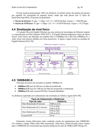 Redes Locais de Computadores                                                    pg. 24

      O teste mostrou praticamente 100% de eficiência. O cálculo teórico do número de pacotes
por segundo foi conseguido da seguinte forma, sendo que todo pacote tem 12 bytes de
InterFrame Gap (IFG) e 8 pacotes de preâmbulo:
 • Pacote de 64 bytes: N. pps = 1 Gbps / (12 + 8 + 64)*8 bits/byte. N.pac/s = 1.488.095 pps.
 • Pacote de 1518 bytes: N. pps = 1 Gbps / (12 + 8 + 1518)*8 bits/byte. N.pac/s = 81.274 pps.


4.4 Sinalização de nível físico
      A Camada Física de Gigabit Ethernet usa uma mistura de tecnologias do Ethernet original
e a especificação de Fiber Channel ANSI X3T11. O Gigabit Ethernet padroniza 4 tipos de meios
físicos. Estes meios são definidos nos padrões 802.3z (1000Base-X) e 802.3ab (1000Base-T), e
serão vistos com maiores detalhes nos itens posteriores. A figura a seguir mostra as camadas do
Gigabit Ethernet [GEA 99].




4.5 1000BASE-X
       Três tipos de meios são incluídos no padrão 1000Base-X:
   •    1000Base-SX laser de 850 nm em fibra de multimodo.
   •    1000Base-LX laser de 1300 nm em fibra de monomodo e multimodo.
   •    1000Base-CX cabo coaxial STP (Par Trançado Blindado)

As distâncias suportadas nos cabeamentos são mostradas na Tabela a seguir [GEA 98]:
                        Tipos de Cabeamento e Distâncias
                      Tipo de cabo                 Distância
             Fibra Monomodo (9 mícron)     5000 m (LX)
                                           275 m (SX)
             Fibra Multimodo (62.5 mícron)
                                           550 m (LX)
                                           550 m (SX)
             Fibra Multimodo (50 mícron)
                                           550 m (LX)
             Coaxial STP                   25 m

      Entretanto, muitos fabricantes estão vendendo versões de equipamento para 1000BASE-
LX voltados a atingir 10Km sobre fibra monomodo. Além disso, desenvolveram outras versões
para o 1000BASE-LX monomodo que permite distâncias de mais de 100Km [SPU 00] pg 167.
 
