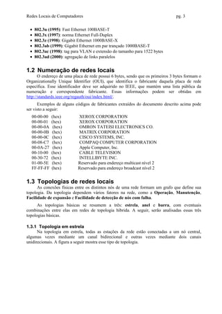 Redes Locais de Computadores                                                    pg. 3

 •   802.3u (1995): Fast Ethernet 100BASE-T
 •   802.3x (1997): norma Ethernet Full-Duplex
 •   802.3z (1998): Gigabit Ethernet 1000BASE-X
 •   802.3ab (1999): Gigabit Ethernet em par trançado 1000BASE-T
 •   802.3ac (1998): tag para VLAN e extensão do tamanho para 1522 bytes
 •   802.3ad (2000): agregação de links paralelos


1.2 Numeração de redes locais
       O endereço de uma placa de rede possui 6 bytes, sendo que os primeiros 3 bytes formam o
Organizationally Unique Identifier (OUI), que identifica o fabricante daquela placa de rede
específica. Esse identificador deve ser adquirido no IEEE, que mantém uma lista pública da
numeração e correspondente fabricante. Essas informações podem ser obtidas em
http://standards.ieee.org/regauth/oui/index.html/.
      Exemplos de alguns códigos de fabricantes extraídos do documento descrito acima pode
ser visto a seguir:
  00-00-00   (hex)         XEROX CORPORATION
  00-00-01   (hex)         XEROX CORPORATION
  00-00-0A    (hex)        OMRON TATEISI ELECTRONICS CO.
  00-00-0B    (hex)        MATRIX CORPORATION
  00-00-0C    (hex)        CISCO SYSTEMS, INC.
  00-08-C7    (hex)        COMPAQ COMPUTER CORPORATION
  00-0A-27    (hex)        Apple Computer, Inc.
  00-10-00   (hex)         CABLE TELEVISION
  00-30-72   (hex)         INTELLIBYTE INC.
  01-00-5E   (hex)         Reservado para endereço multicast nível 2
  FF-FF-FF   (hex)         Reservado para endereço broadcast nível 2


1.3 Topologias de redes locais
      As conexões físicas entre os distintos nós de uma rede formam um grafo que define sua
topologia. Da topologia dependem vários fatores na rede, como a Operação, Manutenção,
Facilidade de expansão e Facilidade de detecção de nós com falha.
      As topologias básicas se resumem a três: estrela, anel e barra, com eventuais
combinações entre elas em redes de topologia híbrida. A seguir, serão analisadas essas três
topologias básicas.

1.3.1 Topologia em estrela
      Na topologia em estrela, todas as estações da rede estão conectadas a um nó central,
algumas vezes mediante um canal bidirecional e outras vezes mediante dois canais
unidirecionais. A figura a seguir mostra esse tipo de topologia.
 