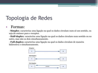 Topologia de Redes
• Formas:
 - Simplex :caracteriza uma ligação na qual os dados circulam num só um sentido, ou
 seja do emissor para o receptor.
 - Half-duplex: caracteriza uma ligação na qual os dados circulam num sentido ou no
 outro, mas não os dois simultaneamente.
 - Full-duplex: caracteriza uma ligação na qual os dados circulam de maneira
 bidirectiva e simultaneamente.
 