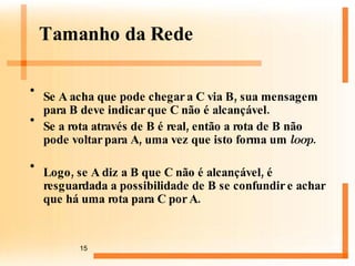 Tamanho da Rede Se A acha que pode chegar a C via B, sua mensagem para B deve indicar que C não é alcançável. Se a rota através de B é real, então a rota de B não pode voltar para A, uma vez que isto forma um  loop . Logo, se A diz a B que C não é alcançável, é resguardada a possibilidade de B se confundir e achar que há uma rota para C por A.  
