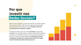 Por que
investir nas
Redes Sociais?
Não há como imaginar o mundo de hoje sem as mídias sociais,
não é mesmo? Pois é. Não há como negar que atualmente
essa ferramenta representa um dos principais meios de
comunicação para qualquer negócio.
As pessoas estão cada vez mais conectadas, interagindo,
engajando-se, fazendo elogios, críticas, consumindo conteúdo
em todos os momentos e locais. O mundo está na palma da
mão com o avanço da tecnologia e as empresas que não
conseguem reconhecer o potencial de investir em mídias
sociais certamente estão ficando para trás.
 