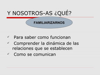 Y NOSOTROS-AS ¿QUÉ? 
FAMILIARIZARNOS 
 Para saber como funcionan 
 Comprender la dinámica de las 
relaciones que se establecen 
 Como se comunican 
 