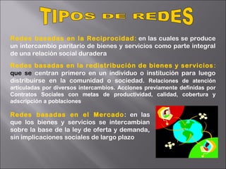 Redes basadas en la Reciprocidad: en las cuales se produce
un intercambio paritario de bienes y servicios como parte integral
de una relación social duradera
Redes basadas en la redistribución de bienes y servicios:
que se centran primero en un individuo o institución para luego
distribuirse en la comunidad o sociedad. Relaciones de atención
articuladas por diversos intercambios. Acciones previamente definidas por
Contratos Sociales con metas de productividad, calidad, cobertura y
adscripción a poblaciones
Redes basadas en el Mercado: en las
que los bienes y servicios se intercambian
sobre la base de la ley de oferta y demanda,
sin implicaciones sociales de largo plazo
 