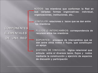 COMPONENTESCOMPONENTES
ELEMENTALESELEMENTALES
DE UNA REDDE UNA RED
VINCULOSVINCULOS: relaciones o lazos que se dan entre
los miembros
NODOS:NODOS: los miembros que conforman la Red en
sus variadas formas organizativas: individual,
organizaciones, instituciones, etc..
FLUJOS O INTERCAMBIOSFLUJOS O INTERCAMBIOS: correspondencia de
recursos entre los miembros
SOPORTESSOPORTES: procesos de intercambios que se
dan entre otros nodos ó flujos, que constituyen
un apoyo
SISTEMA DE VINCULOSSISTEMA DE VINCULOS: lógica relacional que
articula entre sí diversos lazos, flujos y nodos
mediante la construcción y ejercicio de espacios
de discusión y participación
 