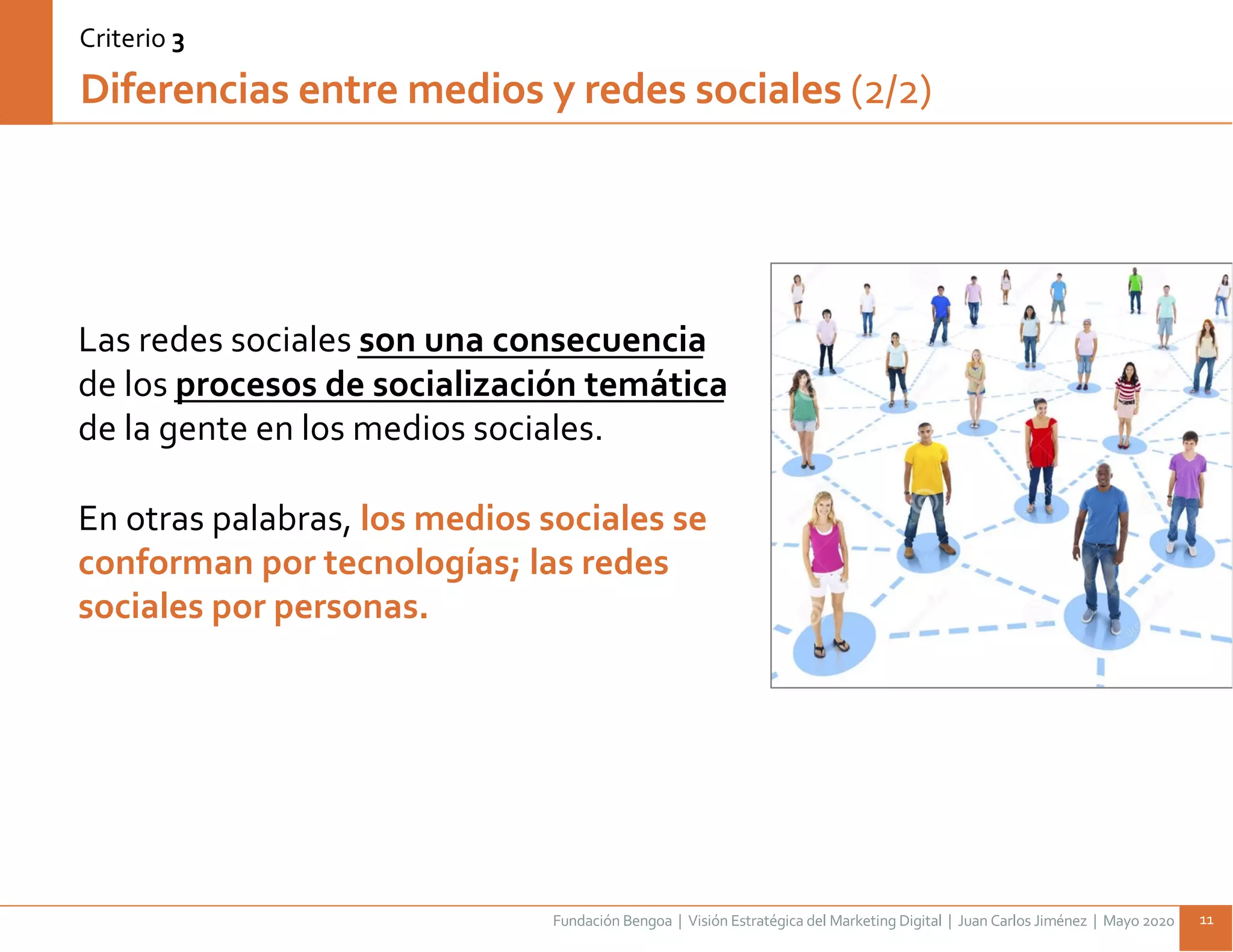 Fundación Bengoa | Visión Estratégica del Marketing Digital | Juan Carlos Jiménez | Mayo 2020 11
Las redes sociales son una consecuencia
de los procesos de socialización temática
de la gente en los medios sociales.
En otras palabras, los medios sociales se
conforman por tecnologías; las redes
sociales por personas.
Diferencias entre medios y redes sociales (2/2)
Criterio 3
 