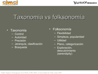 Taxonomia vs folksonomía <ul><li>Taxonomía </li></ul><ul><ul><li>Control  </li></ul></ul><ul><ul><li>Autoridad </li></ul><...