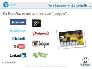 Yo a Facebook y tú a LinkedIn…

En España, estos son los que más “juegan”…




#LaChambreSM
               This document is confidential. Copyright © 2004-2012 T2O AdMedia Services SL.
 
