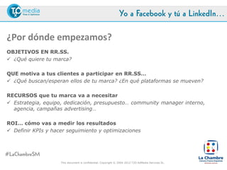 Yo a Facebook y tú a LinkedIn…

¿Por dónde empezamos?
OBJETIVOS EN RR.SS.
 ¿Qué quiere tu marca?

QUE motiva a tus clientes a participar en RR.SS…
 ¿Qué buscan/esperan ellos de tu marca? ¿En qué plataformas se mueven?

RECURSOS que tu marca va a necesitar
 Estrategia, equipo, dedicación, presupuesto… community manager interno,
  agencia, campañas advertising…

ROI… cómo vas a medir los resultados
 Definir KPIs y hacer seguimiento y optimizaciones



#LaChambreSM
                    This document is confidential. Copyright © 2004-2012 T2O AdMedia Services SL.
 