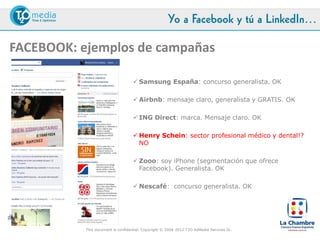Yo a Facebook y tú a LinkedIn…

FACEBOOK: ejemplos de campañas

                                        Samsung España: concurso generalista. OK

                                        Airbnb: mensaje claro, generalista y GRATIS. OK

                                        ING Direct: marca. Mensaje claro. OK

                                        Henry Schein: sector profesional médico y dental!?
                                         NO

                                        Zooo: soy iPhone (segmentación que ofrece
                                         Facebook). Generalista. OK

                                        Nescafé: concurso generalista. OK




#LaChambreSM
               This document is confidential. Copyright © 2004-2012 T2O AdMedia Services SL.
 