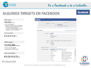 Yo a Facebook y tú a LinkedIn…

ALGUNOS TARGETS EN FACEBOOK




#LaChambreSM
               This document is confidential. Copyright © 2004-2012 T2O AdMedia Services SL.
 