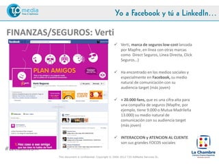 Yo a Facebook y tú a LinkedIn…

FINANZAS/SEGUROS: Verti
                                                          Verti, marca de seguros low-cost lanzada
                                                           por Mapfre, en línea con otras marcas
                                                           como Direct Seguros, Línea Directa, Click
                                                           Seguros…)

                                                          Ha encontrado en los medios sociales y
                                                           especialmente en Facebook, su medio
                                                           natural de comunicación con su
                                                           audiencia target (más joven)

                                                          + 20.000 fans, que es una cifra alta para
                                                           una compañía de seguros (Mapfre, por
                                                           ejemplo, tiene 9.000 o Mutua Madrileña
                                                           13.000)

                                                          INTERACCION y ATENCION AL CLIENTE
                                                           son sus grandes FOCOS sociales


#LaChambreSM
               This document is confidential. Copyright © 2004-2012 T2O AdMedia Services SL.
 