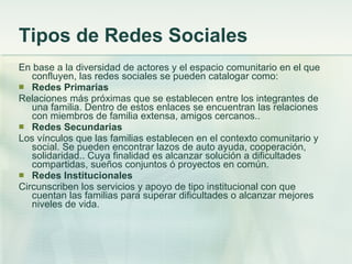 Tipos de Redes Sociales En base a la diversidad de actores y el espacio comunitario en el que confluyen, las redes sociales se pueden catalogar como: Redes Primarias Relaciones más próximas que se establecen entre los integrantes de una familia. Dentro de estos enlaces se encuentran las relaciones con miembros de familia extensa, amigos cercanos.. Redes Secundarias Los vínculos que las familias establecen en el contexto comunitario y social. Se pueden encontrar lazos de auto ayuda, cooperación, solidaridad.. Cuya finalidad es alcanzar solución a dificultades compartidas, sueños conjuntos ó proyectos en común. Redes Institucionales Circunscriben los servicios y apoyo de tipo institucional con que cuentan las familias para superar dificultades o alcanzar mejores niveles de vida. 