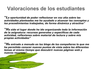 Valoraciones de los estudiantes “ L a oportunidad de poder reflexionar en voz alta sobre las actividades planteadas me ha ayudado a alcanzar los conceptos y los procedimientos trabajados, de forma dinámica y atractiva” “ H a sido el lugar donde he ido organizando toda la información de la asignatura: recursos generales y específicos de cada actividad, reflexiones sobre material de lectura y sobre mis propias actividades” “ H e entrado a menudo en los blogs de los compañeros lo que me ha permitido conocer nuevos puntos de vista sobre los diferentes temas al mismo tiempo que descubrir nuevas páginas web y nuevos recursos” 