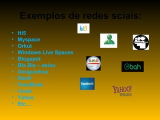 Exemplos de redes sciais: Hi5 Myspace Orkut Windows Live Spaces Blogspot Bla Bla – aeiou Amiguinhos EbaH FaceBook I-look Yahoo Etc… 