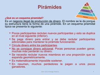Pirámides ¿Qué es un esquema piramidal?  Es un  negocio ilegal de producción de dinero . El nombre se le da porque su estructura tiene la forma de una pirámide. En un esquema piramidal típico se presenta lo siguiente: Pocos participantes reclutan nuevos participantes y esto se duplica en el nivel siguiente (inferior).  Se paga dinero para entrar y se debe reclutar participantes adicionales para mantener la pirámide funcionando.  Circula dinero entre los participantes .  No se consigue dinero adicional . Pocas personas pueden ganar, muchas más perderán su dinero.  Se necesita reclutar nuevos miembros en una proporción que se expanda geométricamente.  Es matemáticamente imposible sostener.  En resumen, muchos perdedores le pagan a unos pocos ganadores. John Jairo Arteaga Palacio 