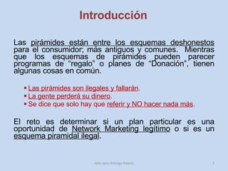 Introducción Las  pirámides están entre los esquemas deshonestos  para el consumidor; más antiguos y comunes.  Mientras que los esquemas de pirámides pueden parecer programas de “regalo” o planes de “Donación”, tienen algunas cosas en común.  Las pirámides son ilegales y fallarán .  La gente perderá su dinero .  Se dice que solo hay que  referir y NO hacer nada más .  El reto es determinar si un plan particular es una oportunidad de  Network Marketing legítimo  o si es un  esquema piramidal ilegal .  John Jairo Arteaga Palacio 