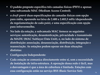O padrão proposto especifica três camadas físicas (PHY) e apenas uma subcamada MAC (Medium Access Control). o  draft  provê duas especificações de camadas físicas com opção para rádio, operando na faixa de 2.400 a 2.483,5 mHz (dependendo da regulamentação de cada país), e uma especificação com opção para infravermelho. No lado da estação, a subcamada MAC fornece os seguintes serviços: autenticação, desautenticação, privacidade e transmissão da MADU (MAC Sublayer Data Unit), e, no lado do sistema de distribuição: associação, desassociação, distribuição, integração e reassociação. As estações podem operar em duas situações distintas: Configuração Independente:  Cada estação se comunica directamente entre si, sem a necessidade de instalação de infra-estrutura. A operação dessa rede é fácil, mas a desvantagem é que a área de cobertura é limitada. Estações com essa configuração estão no serviço BSS (Basic Service Set); 