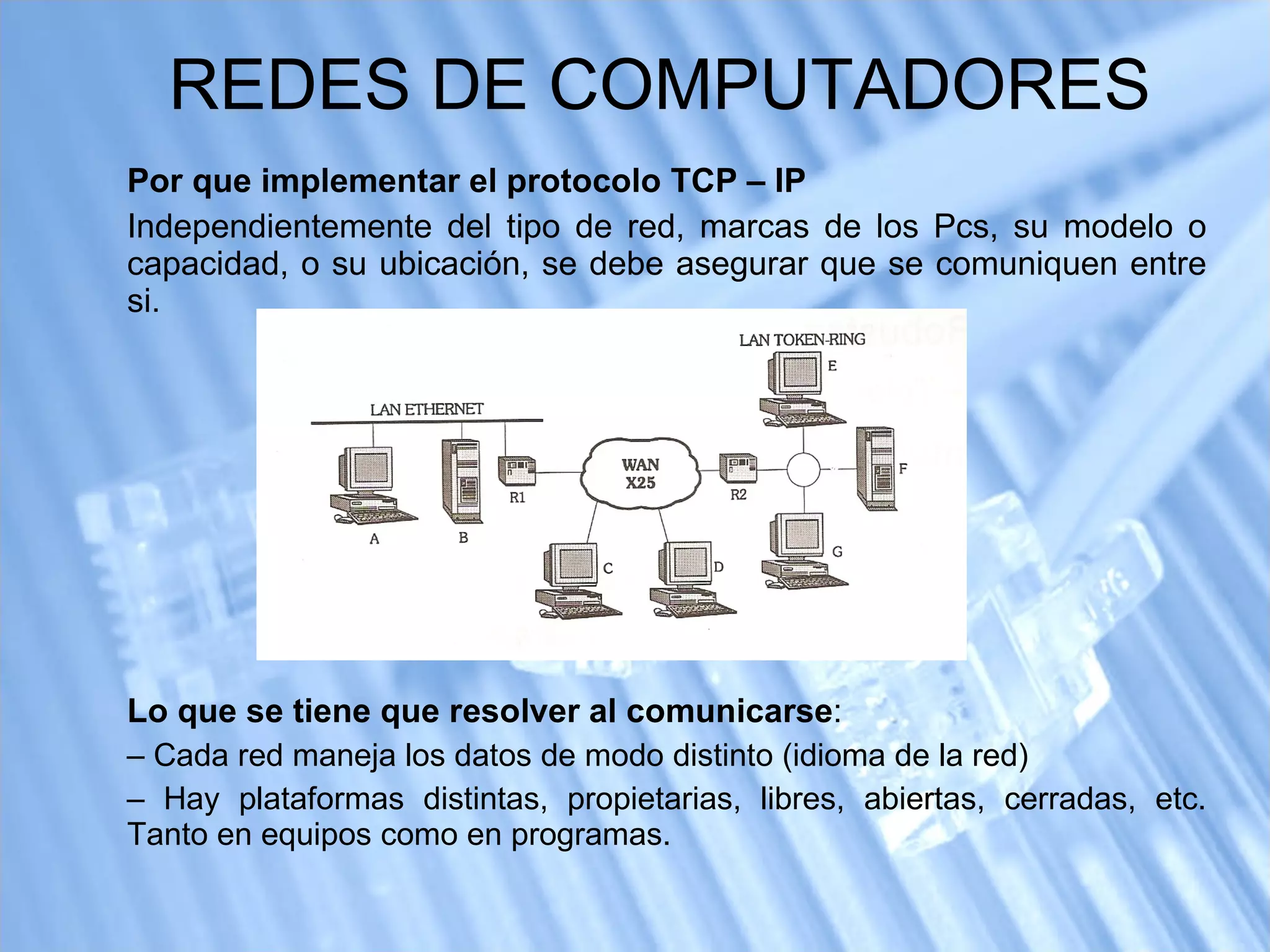 Por que implementar el protocolo TCP – IP Independientemente del tipo de red, marcas de los Pcs, su modelo o capacidad, o su ubicación, se debe asegurar que se comuniquen entre si. Lo que se tiene que resolver al comunicarse : Cada red maneja los datos de modo distinto (idioma de la red)‏ Hay plataformas distintas, propietarias, libres, abiertas, cerradas, etc. Tanto en equipos como en programas.  REDES DE COMPUTADORES 