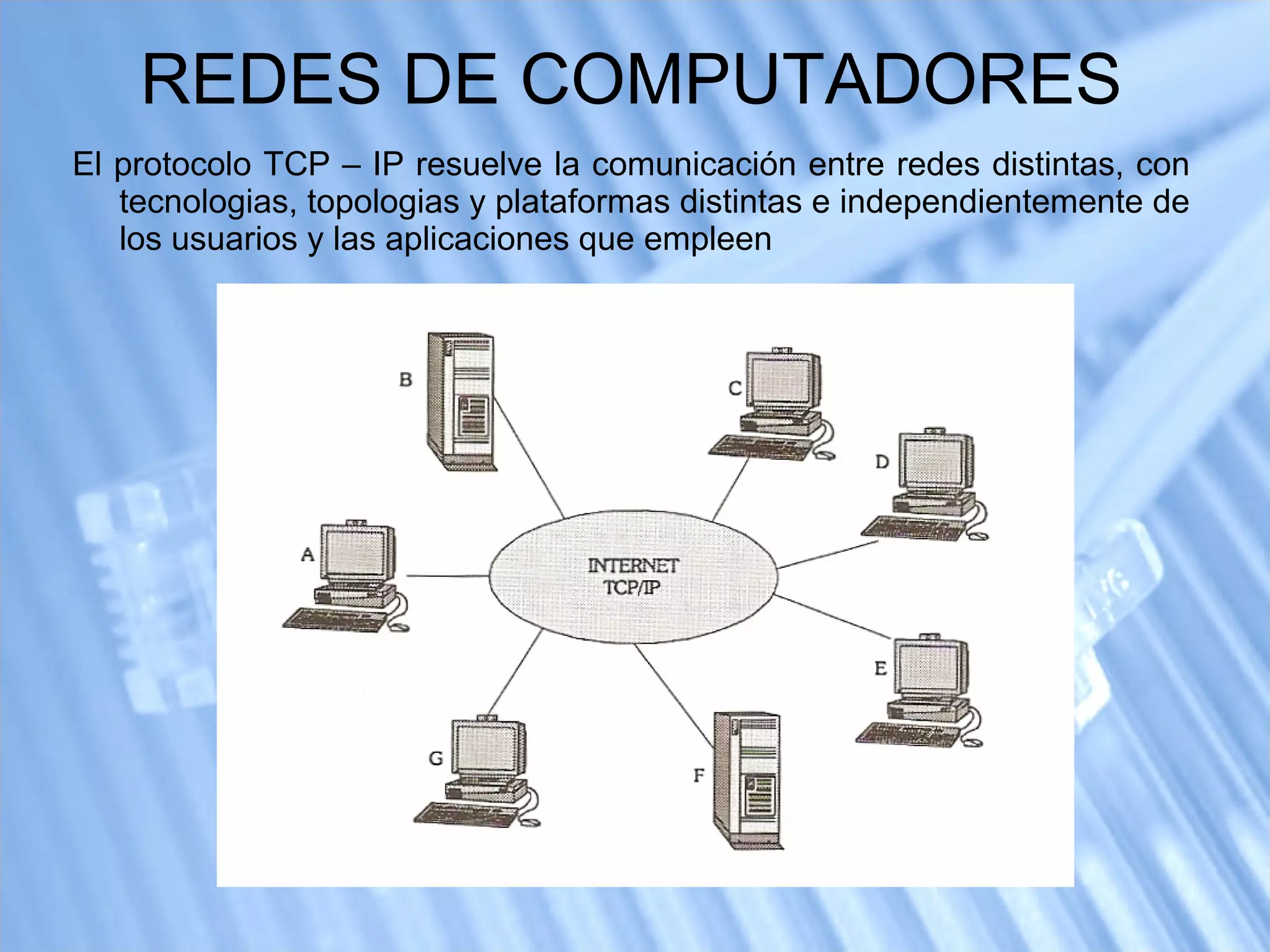 REDES DE COMPUTADORES El protocolo TCP – IP resuelve la comunicación entre redes distintas, con tecnologias, topologias y plataformas distintas e independientemente de los usuarios y las aplicaciones que empleen 
