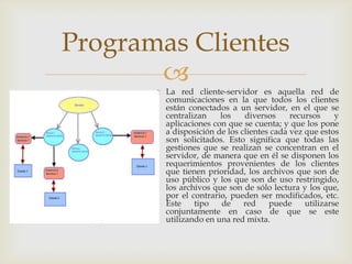 Programas Clientes
       
        La red cliente-servidor es aquella red de
         comunicaciones en la que todos los clientes
         están conectados a un servidor, en el que se
         centralizan    los    diversos     recursos     y
         aplicaciones con que se cuenta; y que los pone
         a disposición de los clientes cada vez que estos
         son solicitados. Esto significa que todas las
         gestiones que se realizan se concentran en el
         servidor, de manera que en él se disponen los
         requerimientos provenientes de los clientes
         que tienen prioridad, los archivos que son de
         uso público y los que son de uso restringido,
         los archivos que son de sólo lectura y los que,
         por el contrario, pueden ser modificados, etc.
         Este    tipo    de    red    puede     utilizarse
         conjuntamente en caso de que se este
         utilizando en una red mixta.
 