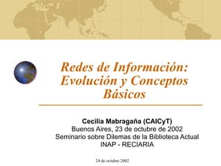 Redes de Información: Evolución y Conceptos Básicos Cecilia Mabragaña (CAICyT) Buenos Aires, 23 de octubre de 2002 Seminario sobre Dilemas de la Biblioteca Actual INAP - RECIARIA 