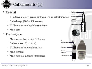 Cabeamento (1)
 ●
     Coaxial
       −   Blindado, oferece maior proteção contra interferências
       −   Cabo longo (200 e 500 metros)
       −   Utilizado na topologia barramento
       −   Mais caro
 ●
     Par trançado
       −   Mais vulnerável a interferências
       −   Cabo curto (100 metros)
       −   Utilizado na topologia estrela
       −   Mais flexível
       −   Mais barato e de fácil instalação


Introdução às Redes de Computadores                                 – 11 –
 