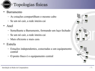 Topologias físicas
 • Barramento
       – As estações compartilham o mesmo cabo
       – Se um nó cair, a rede inteira cai
 • Anel
       – Semelhante a Barramento, formando um laço fechado
       – Se um nó cair, a rede inteira cai
       – Mais eficiente e mais cara
 • Estrela
       – Estações independentes, conectadas a um equipamento
         central
       – O ponto fraco é o equipamento central



Introdução às Redes de Computadores                            –7–
 