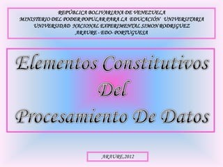 REPÚBLICA BOLIVARIANA DE VENEZUELA
MINISTERIO DEL PODER POPULAR PARA LA EDUCACIÓN UNIVERSITARIA
    UNIVERSIDAD NACIONAL EXPERIMENTAL SIMON RODRIGUEZ
                   ARAURE - EDO- PORTUGUESA




                          ARAURE,2012
 