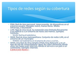 Tipos de redes según su cobertura


∗ PAN: Red de área personal. Interconexión de dispositivos en el
  entorno usuario. Ejemplo: móvil, manos libros. Medio
  Infrarrojo, o bluetooth.
∗ LAN: Red de área local. Su extensión esta limitada físicamente
  a un edificio o a un entorno de hasta 200 metros. Ejemplo:
  Instituto.
  ∗ WLAN: Red local inalámbrica
∗ MAN: Red de área metropolitana. Conjunto de redes LAN, en el
  entorno de un municipio.
  ∗ WIMAX: red inalámbrica en el entorno de unos 5 a 50 km.
∗ WAN: Una Red de Área Amplia (Wide Area Network ), es un
  tipo de red de computadoras capaz de cubrir distancias desde
  unos 100 hasta unos 1000 km, dando el servicio a un país o un
  continente. Ejemplo: internet.
  EJERCICIOS REDES 1
 