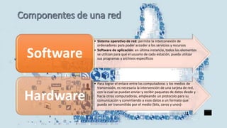 • Sistema operativo de red: permite la interconexión de
ordenadores para poder acceder a los servicios y recursos
• Software de aplicación: en última instancia, todos los elementos
se utilizan para que el usuario de cada estación, pueda utilizar
sus programas y archivos específicos
Software
• Para lograr el enlace entre las computadoras y los medios de
transmisión, es necesaria la intervención de una tarjeta de red,
con la cual se puedan enviar y recibir paquetes de datos desde y
hacia otras computadoras, empleando un protocolo para su
comunicación y convirtiendo a esos datos a un formato que
pueda ser transmitido por el medio (bits, ceros y unos)-
Hardware
 