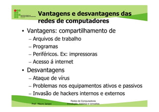 Vantagens e desvantagens das
redes de computadores
• Vantagens: compartilhamento de
– Arquivos de trabalho
– Programas
– Periféricos. Ex: impressoras
Prof. Mauro Jansen
– Periféricos. Ex: impressoras
– Acesso á internet
• Desvantagens
– Ataque de vírus
– Problemas nos equipamentos ativos e passivos
– Invasão de hackers internos e externos
Redes de Computadores
Introdução, histórico e conceitos
 