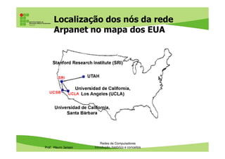 Localização dos nós da rede
Arpanet no mapa dos EUA
Prof. Mauro Jansen
Redes de Computadores
Introdução, histórico e conceitos
 