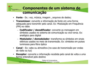 Componentes de um sistema de
comunicação
• Fonte - Ex.: voz, música, imagem , arquivos de dados;
• Transmissor: converte a informação da fonte em uma forma
adequada para transmitir pelo canal. Ex: Modulação em Frequência
(FM) no rádio
– Codificador / decodificador: converte as mensagem em
símbolos usados no sistema de comunicação ou vice-versa. Ex:
Prof. Mauro Jansen
símbolos usados no sistema de comunicação ou vice-versa. Ex:
analógico para digital
– Modulador / demodulador: transforma os símbolos em sinais
elétricos usados no meio de transmissão. Ex: símbolos em pulsos
luminosos para fibra óptica
• Canal – Ex: cabo ou atmosfera (no caso de transmissão por ondas
de rádio ou luz)
• Receptor: converte a informação recebida pelo canal de volta a uma
forma entendível pelo destino
Redes de Computadores
Introdução, histórico e conceitos
 