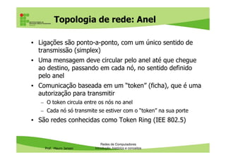 Topologia de rede: Anel
• Ligações são ponto-a-ponto, com um único sentido de
transmissão (simplex)
• Uma mensagem deve circular pelo anel até que chegue
ao destino, passando em cada nó, no sentido definido
pelo anel
Prof. Mauro Jansen
• Comunicação baseada em um “token” (ficha), que é uma
autorização para transmitir
– O token circula entre os nós no anel
– Cada nó só transmite se estiver com o “token” na sua porte
• São redes conhecidas como Token Ring (IEE 802.5)
Redes de Computadores
Introdução, histórico e conceitos
 