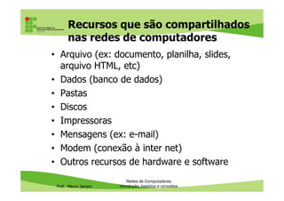 Recursos que são compartilhados
nas redes de computadores
• Arquivo (ex: documento, planilha, slides,
arquivo HTML, etc)
• Dados (banco de dados)
• Pastas
Prof. Mauro Jansen
• Discos
• Impressoras
• Mensagens (ex: e-mail)
• Modem (conexão à inter net)
• Outros recursos de hardware e software
Redes de Computadores
Introdução, histórico e conceitos
 