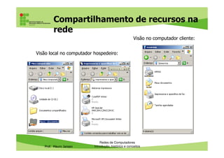 Compartilhamento de recursos na
rede
Visão local no computador hospedeiro:
Visão no computador cliente:
Prof. Mauro Jansen
Redes de Computadores
Introdução, histórico e conceitos
 