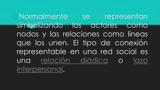 Normalmente se representan
simbolizando los actores como
nodos y las relaciones como líneas
que los unen. El tipo de conexión
representable en una red social es
una relación diádica o lazo
interpersonal.
 