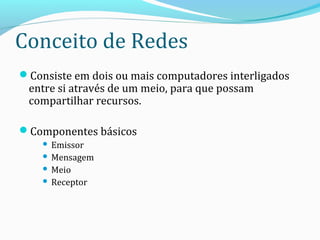 Conceito de Redes
Consiste em dois ou mais computadores interligados
entre si através de um meio, para que possam
compartilhar recursos.
Componentes básicos
 Emissor
 Mensagem
 Meio
 Receptor
 