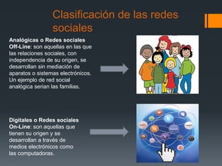 Clasificación de las redes
sociales
Analógicas o Redes sociales
Off-Line: son aquellas en las que
las relaciones sociales, con
independencia de su origen, se
desarrollan sin mediación de
aparatos o sistemas electrónicos.
Un ejemplo de red social
analógica serian las familias.
Digitales o Redes sociales
On-Line: son aquellas que
tienen su origen y se
desarrollan a través de
medios electrónicos como
las computadoras.
 