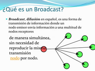 ¿Qué es un Broadcast?
 Broadcast, difusión en español, es una forma de

transmisión de información donde un
nodo emisor envía información a una multitud de
nodos receptores

de manera simultánea,
sin necesidad de
reproducir la misma
transmisión
nodo por nodo.

 