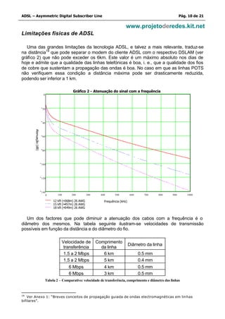 ADSL – Asymmetric Digital Subscriber Line                                                                           Pág. 10 de 21

                                                                                   www.projetoderedes.kit.net
Limitações físicas de ADSL

   Uma das grandes limitações da tecnologia ADSL, e talvez a mais relevante, traduz-se
na distância19 que pode separar o modem do cliente ADSL com o respectivo DSLAM (ver
gráfico 2) que não pode exceder os 6km. Este valor é um máximo absoluto nos dias de
hoje e admite que a qualidade das linhas telefónicas é boa, i. e., que a qualidade dos fios
de cobre que sustentam a propagação das ondas é boa. No caso em que as linhas POTS
não verifiquem essa condição a distância máxima pode ser drasticamente reduzida,
podendo ser inferior a 1 km.

                                               Gráfico 2 - Atenuação do sinal com a frequência
                         0




                        20




                        40
       Atenuação (dB)




                        60




                        80




                        100




                        120




                        140
                           0         100      200         300     400      500         600     700    800     900       1000

                                  12 kft (≈368m) 26 AWG             Frequência (kHz)
                                  15 kft (≈457m) 26 AWG
                                  18 kft (≈549m) 26 AWG


   Um dos factores que pode diminuir a atenuação dos cabos com a frequência é o
diâmetro dos mesmos. Na tabela seguinte ilustram-se velocidades de transmissão
possíveis em função da distância e do diâmetro do fio.

                                       Velocidade de            Comprimento
                                                                                       Diâmetro da linha
                                        transferência             da linha
                                        1.5 a 2 Mbps               6 km                      0.5 mm
                                        1.5 a 2 Mbps               5 km                      0.4 mm
                                           6 Mbps                  4 km                      0.5 mm
                                           6 Mbps                  3 km                      0.5 mm
                             Tabela 2 – Comparativo: velocidade de transferência, comprimento e diâmetro das linhas



19
    Ver Anexo 1: “Breves conceitos de propagação guiada de ondas electromagnéticas em lin has
bifilares”.
 
