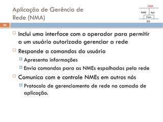 30
Aplicação de Gerência de
Rede (NMA)
 Inclui uma interface com o operador para permitir
a um usuário autorizado gerenciar a rede
 Responde a comandos do usuário
 Apresenta informações
 Envia comandos para as NMEs espalhadas pela rede
 Comunica com e controle NMEs em outros nós
 Protocolo de gerenciamento de rede na camada de
aplicação.
NMA
NME Apl.
Com.
SO
 
